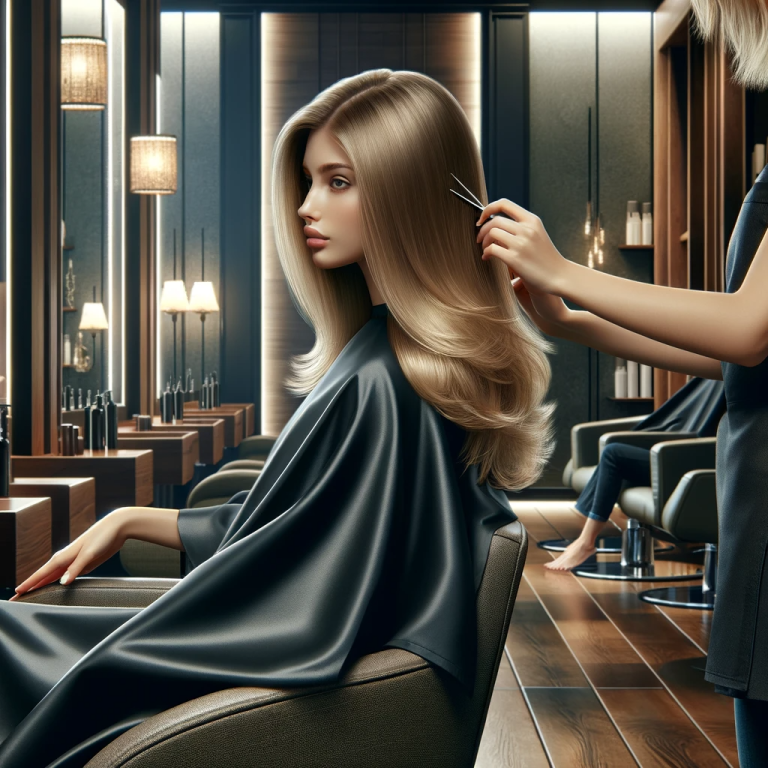 Mujer rubia recibiendo un corte de pelo en un salón profesional