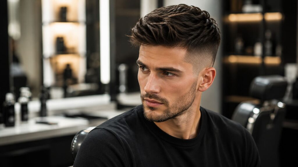 Hombre con corte desvanecido moderno y degradado elegante en peluquería profesional