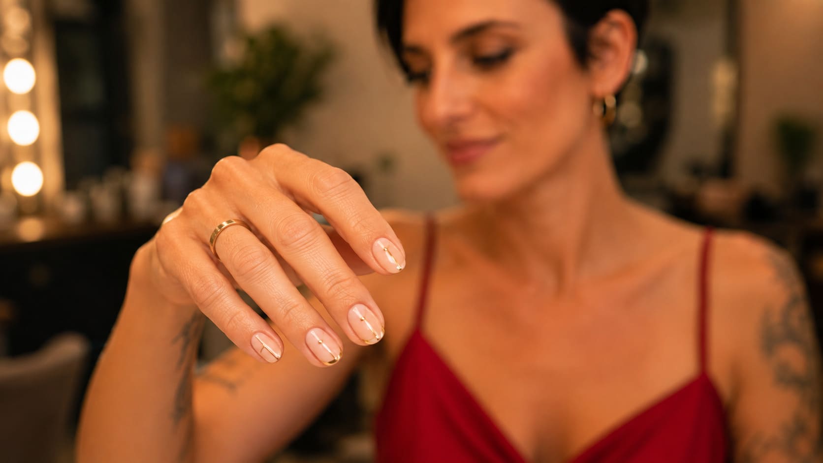 Ideas de uñas francesas modernas para invitadas de boda con vestido rojo