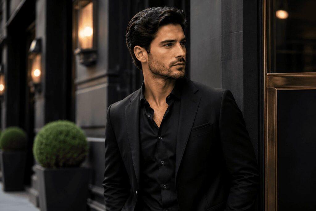 Hombre con peinado elegante y sofisticado vistiendo traje negro, ejemplo de estilo masculino moderno, confianza y distinción para ocasiones formales
