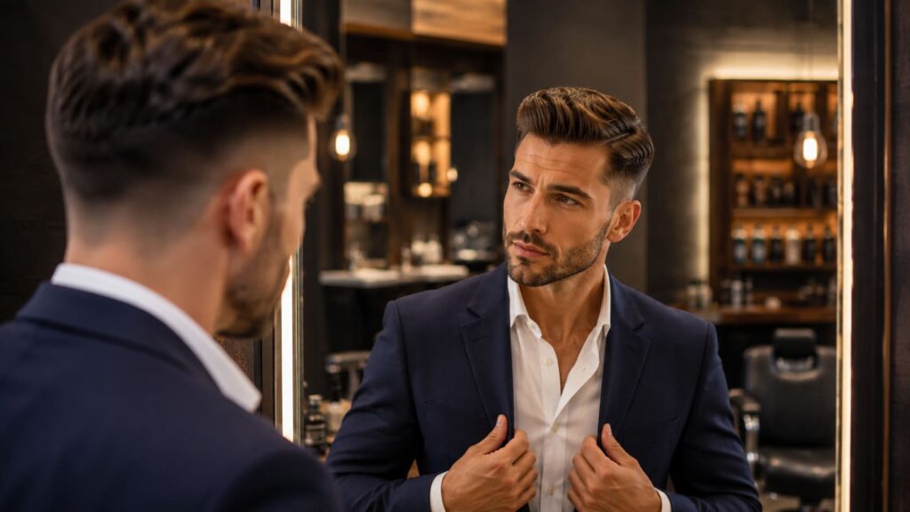 Hombre con peinado elegante y moderno mirándose al espejo en una peluquería profesional de alta gama