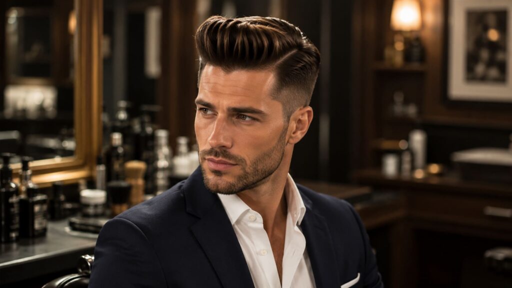 Peinado Pompadour para hombre elegante con volumen superior, degradado moderno y acabado profesional