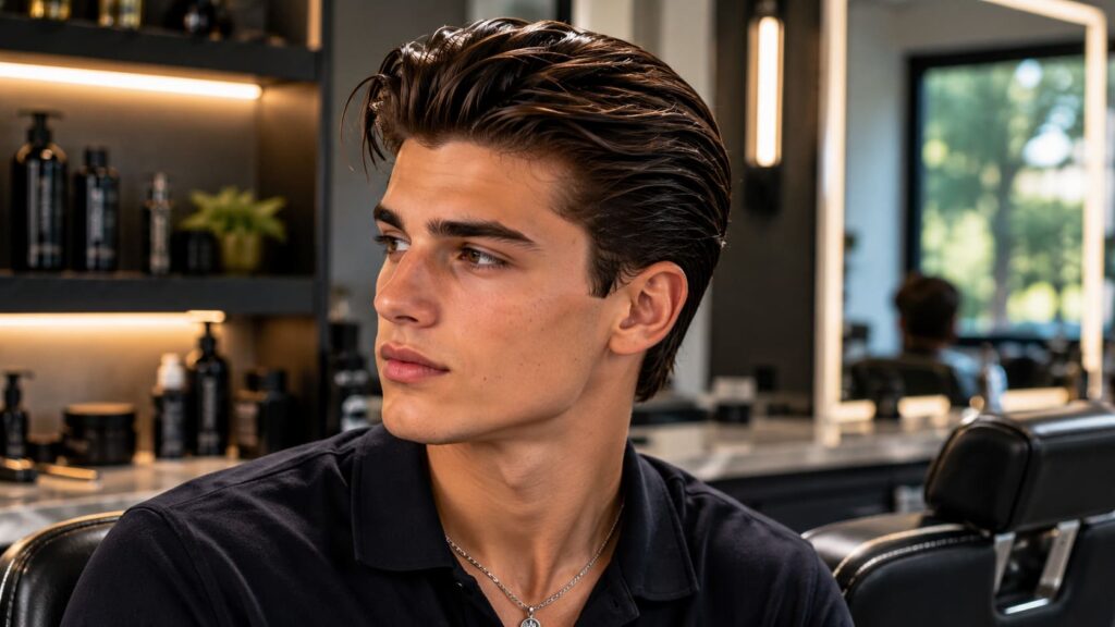 Hombre joven con peinado slick back elegante y moderno en barbería profesional, estilo sofisticado para eventos, trabajo y ocasiones formales.