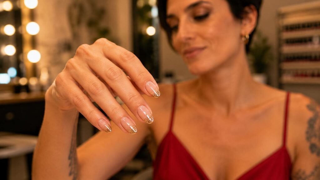 Detalle de uñas francesas con borde dorado y acabado sofisticado para boda