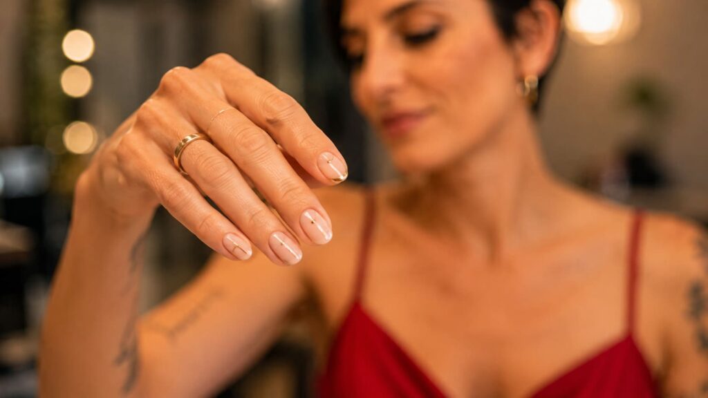 Uñas francesas modernas con detalle dorado para invitada de boda con vestido rojo