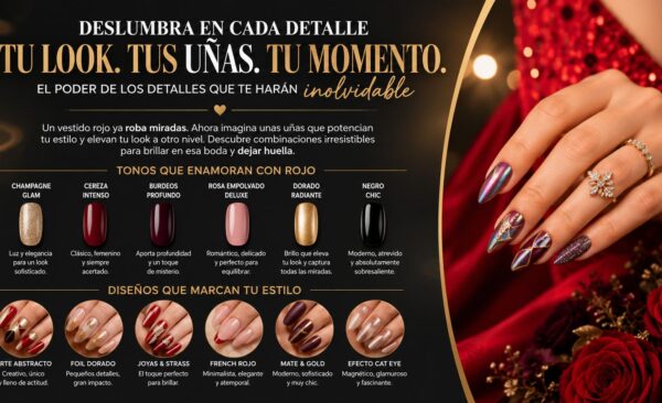 Uñas para boda siendo invitada con vestido rojo diseño elegante y moderno