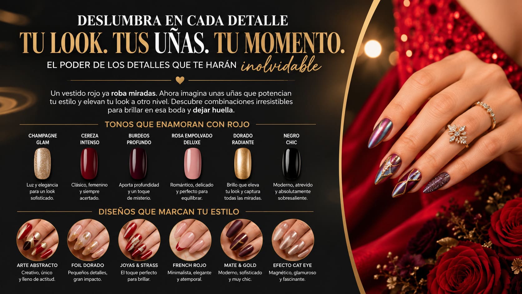 Uñas para boda siendo invitada con vestido rojo diseño elegante y moderno