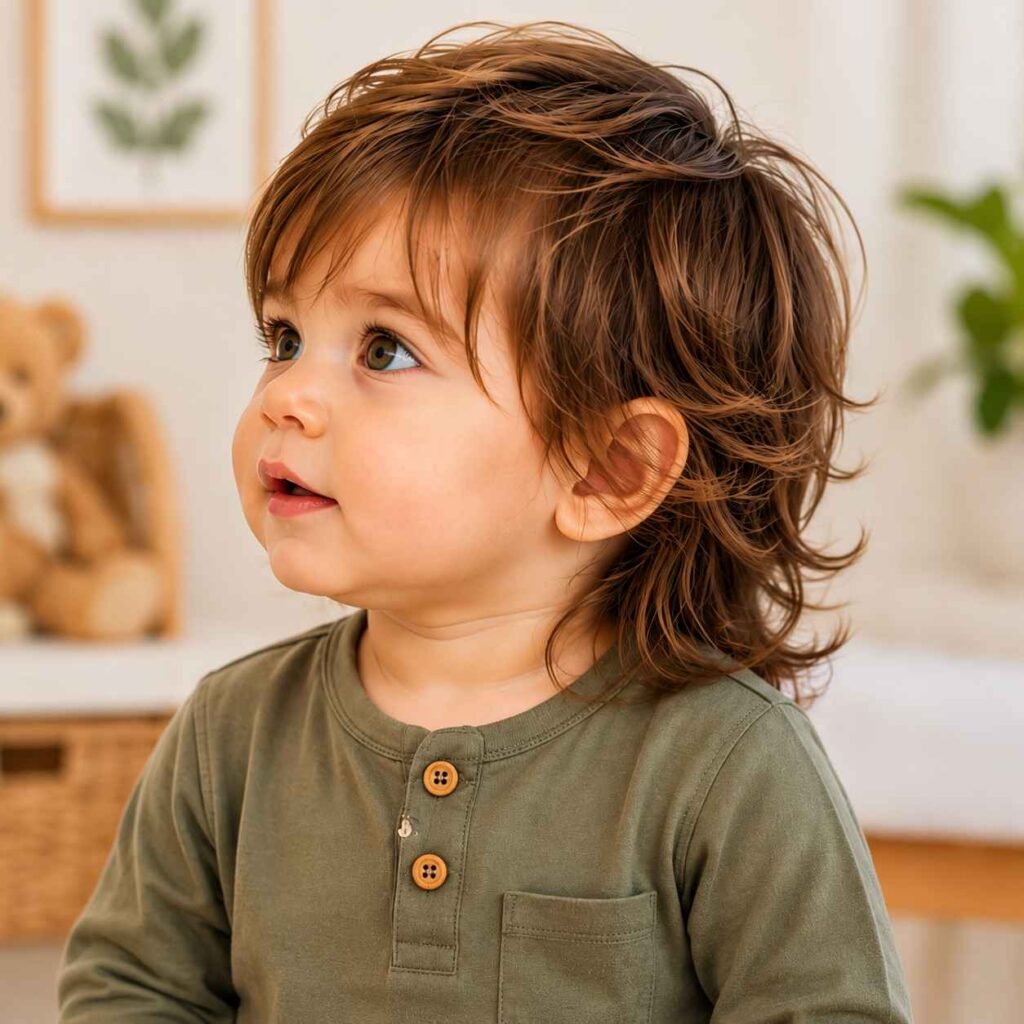 Bebé de 1 año con corte en capas largas y cabello con movimiento natural
