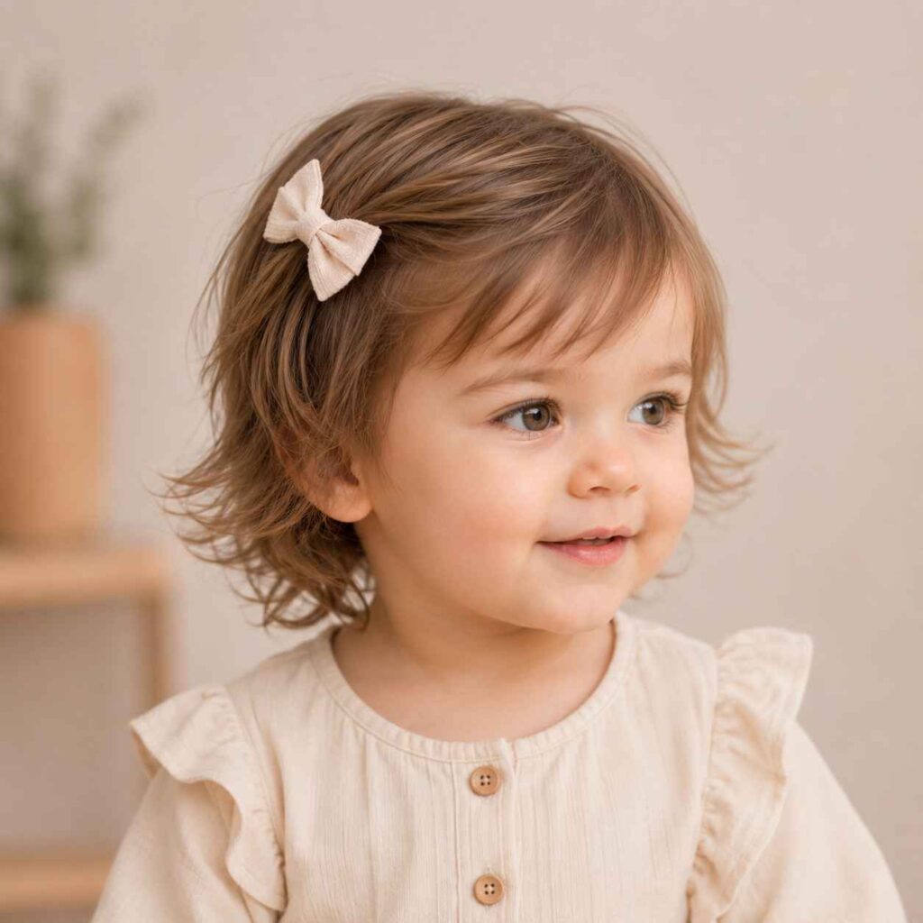 Niña con corte en capas para bebé de 1 año y cabello con volumen natural