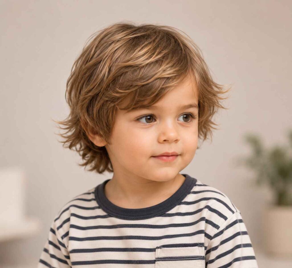 Niño con corte en capas moderno para bebé con textura y movimiento suave
