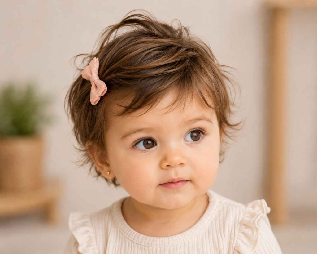 Niña con corte despeinado para bebé de 1 año y peinado casual moderno