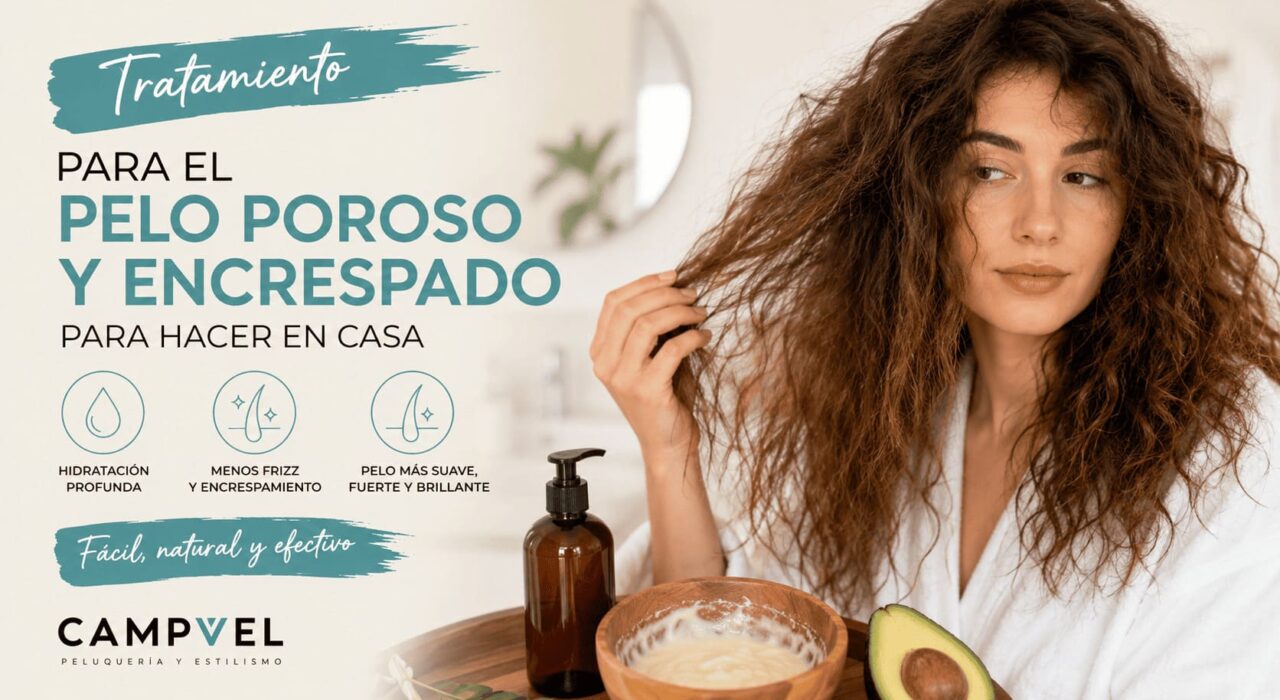 Mujer con pelo poroso y encrespado junto a un tratamiento casero para hidratar, suavizar y reducir el frizz