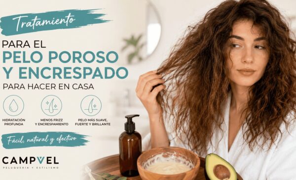 Mujer con pelo poroso y encrespado junto a un tratamiento casero para hidratar, suavizar y reducir el frizz