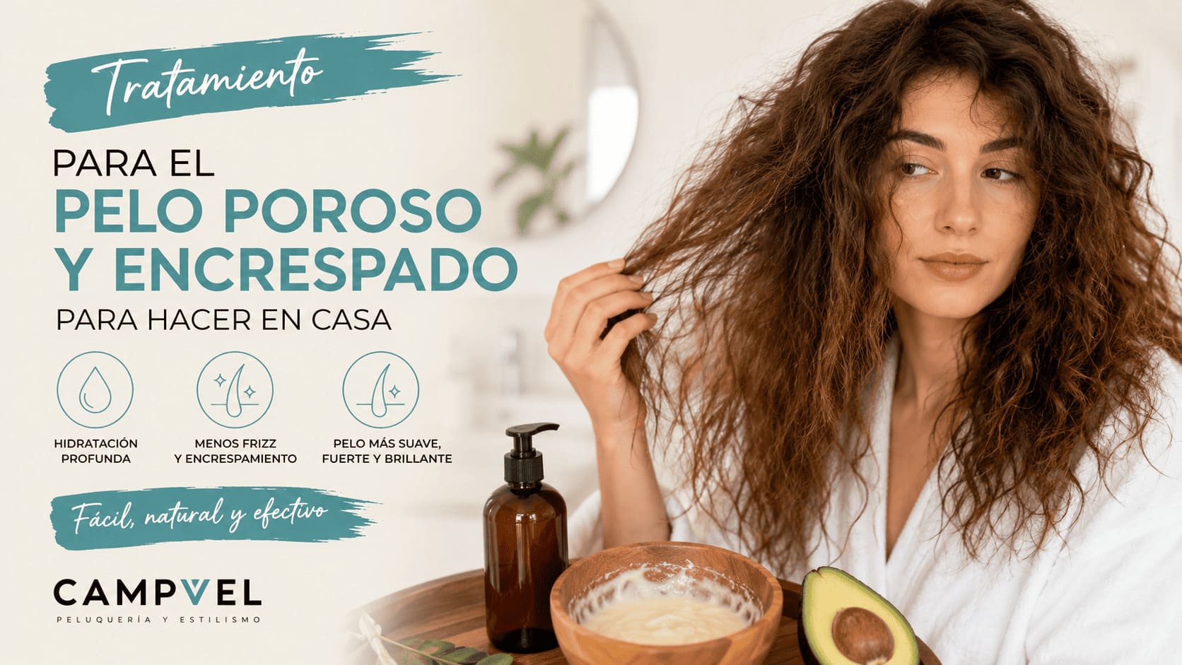 Mujer con pelo poroso y encrespado junto a un tratamiento casero para hidratar, suavizar y reducir el frizz