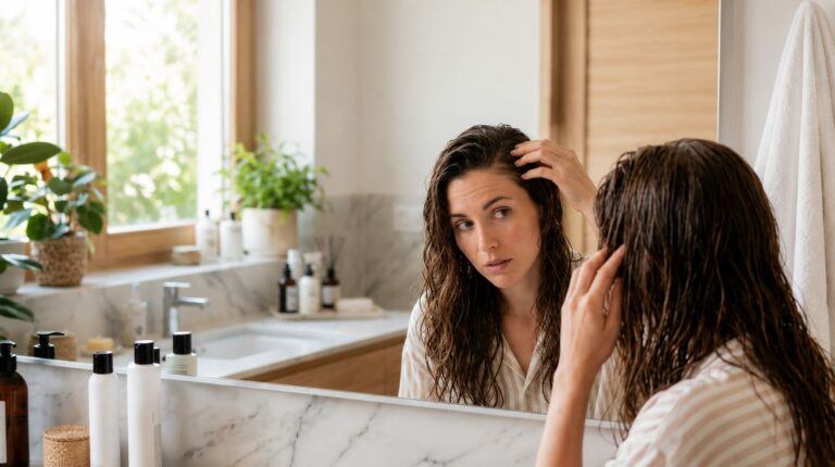 Mujer preocupada por el mal olor del pelo después de lavarlo