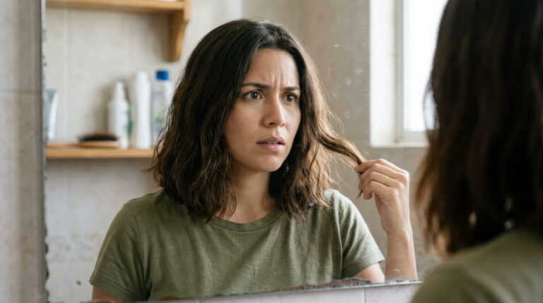 Mujer con cabello largo preocupada porque no le crece más de los hombros