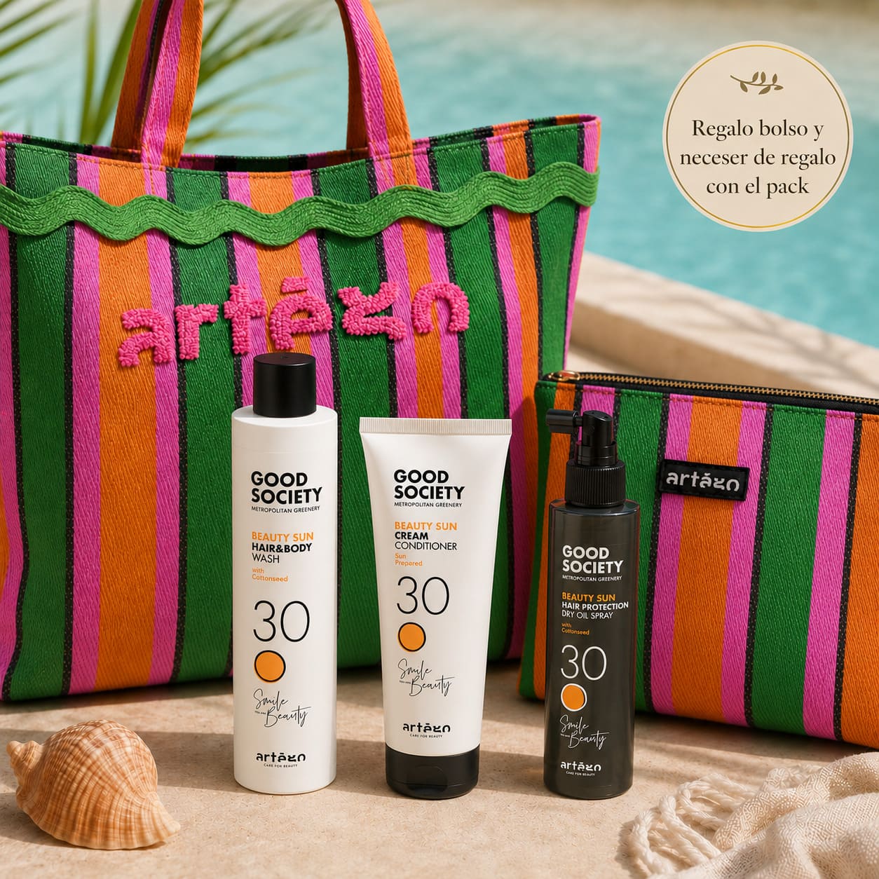 Pack Artègo Good Society Beauty Sun con tres productos capilares, bolso y neceser de regalo