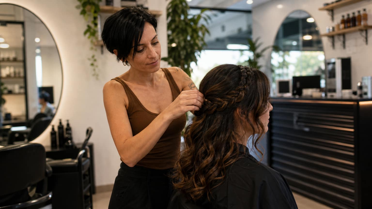 Una chica peinada con trenzas y ondas suaves porque es madrina en una boda