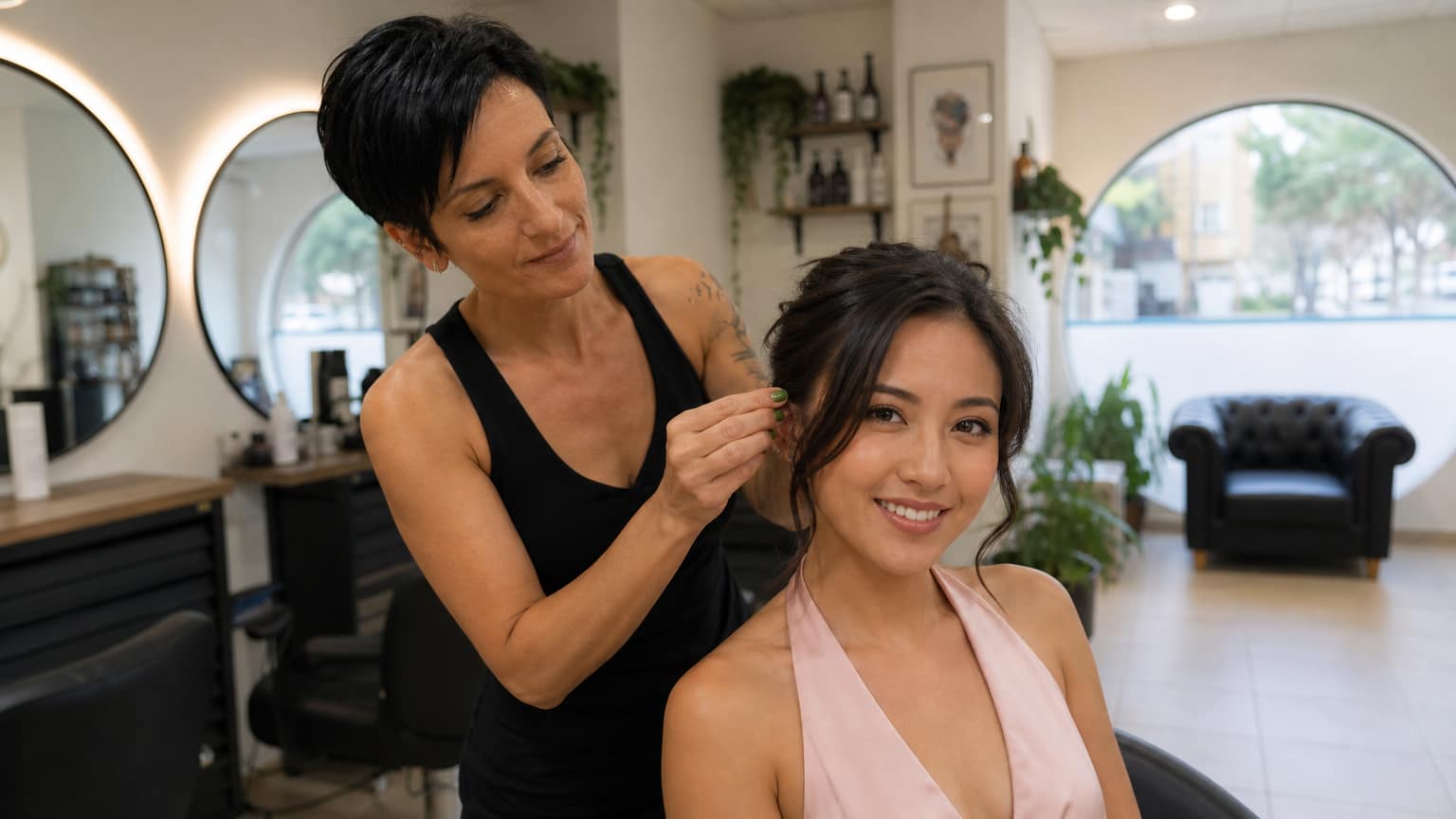 Mujer asiática sonriendo a cámara, con un vestido largo con escote.