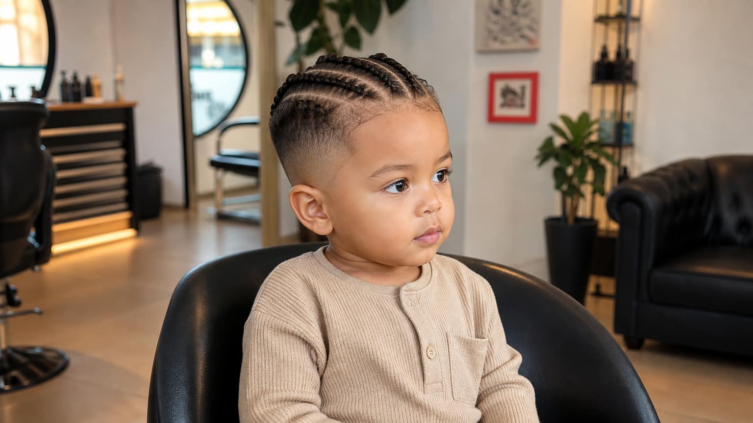 Niño con trenzas africanas para bebé y corte degradado moderno