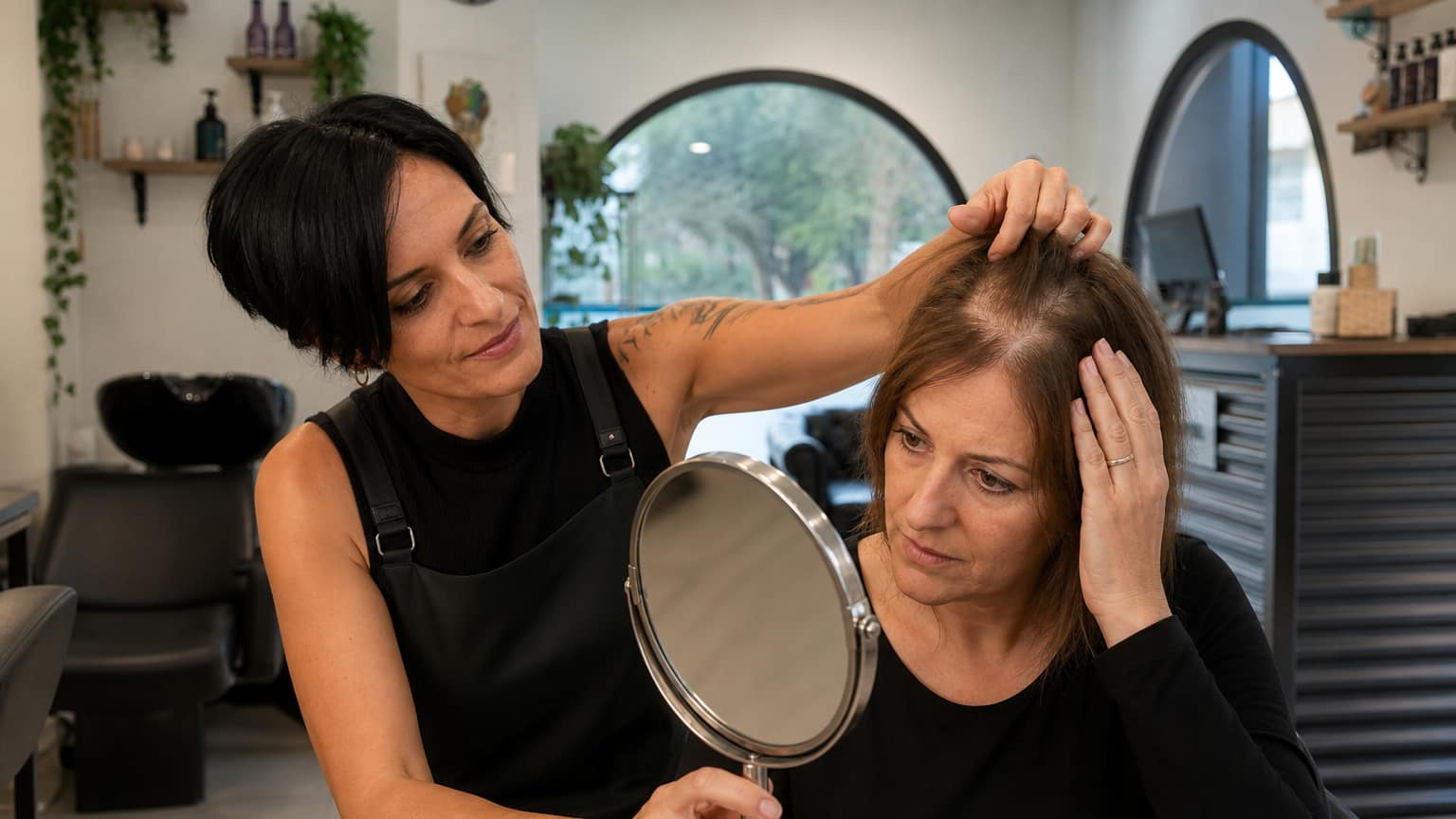 Mujer preocupada por la caida de su cabello escaso y fino. Por eso está decidiendo ir a un tratamiento.