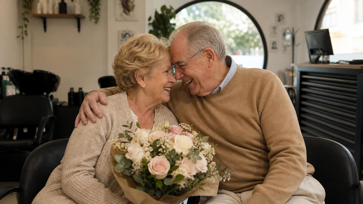 Dos personas celebrando su aniversario felizmente