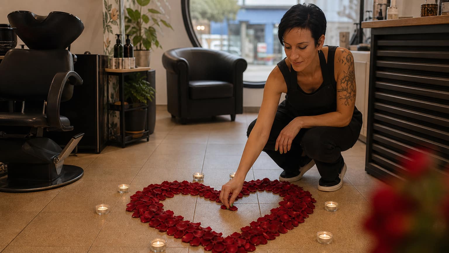 Un corazón hecho de petalos de rosa en el suelo de un baño.