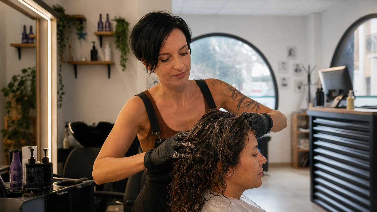 Peluquería aplicando un tratamiento pelo poroso a una clienta con el pelo rizado