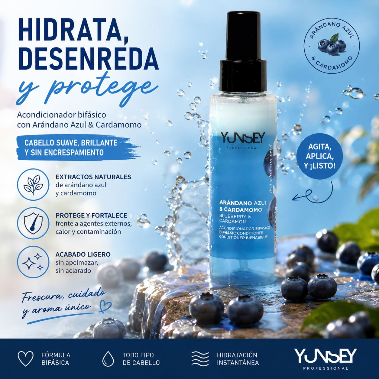 Acondicionador bifásico Yunsey Arándano Azul y Cardamomo para hidratar, desenredar y proteger el cabello